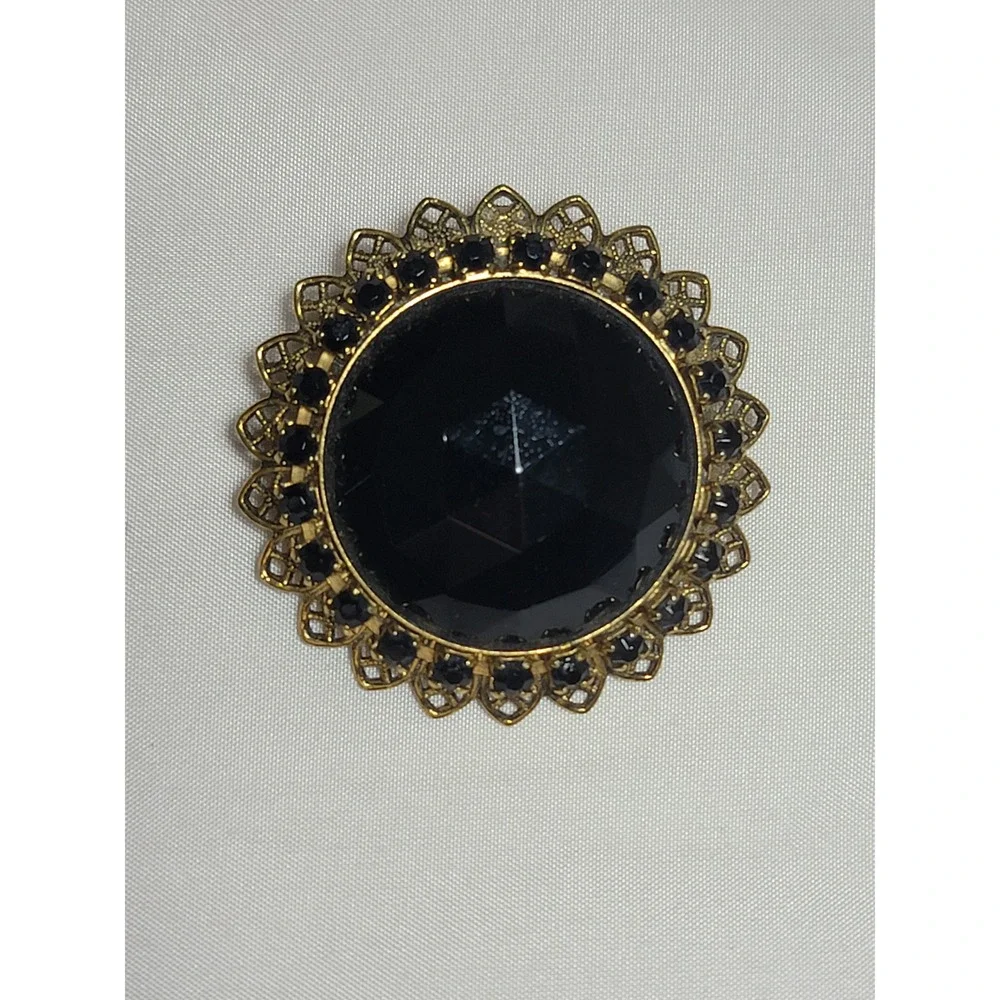 Vintage Black Faceted Glass Rhinestone Filigree Brooch Pendant